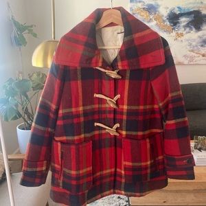 Anthropologie Red Plaid Toggle Coat 70’s Inspired